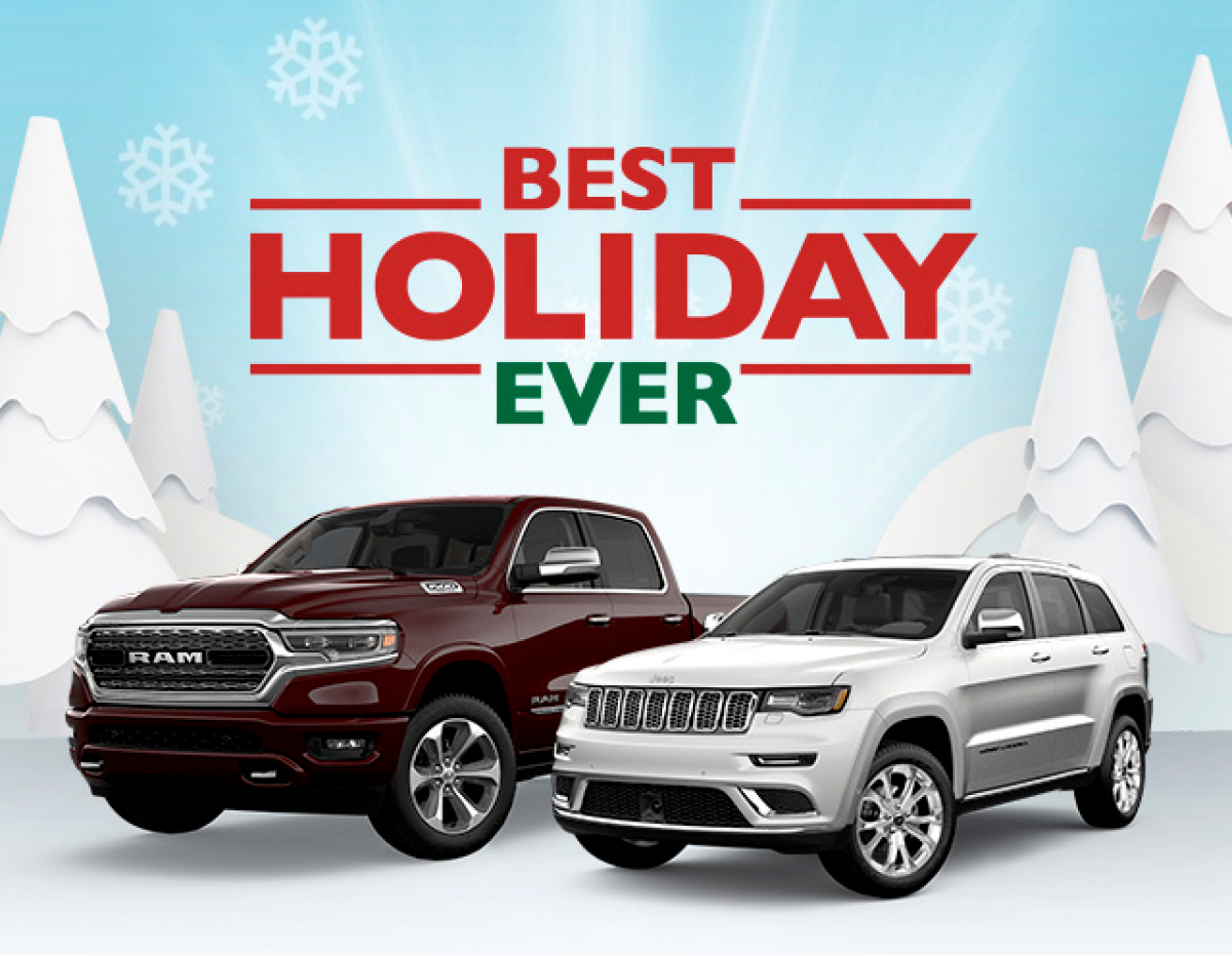 Image of All-New Ram 1500 and Jeep Grand Cherokee in a holiday-themed backdrop